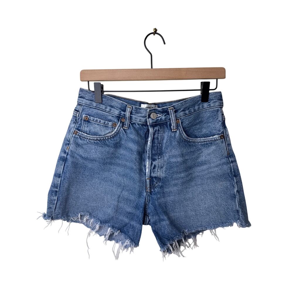 AGOLDE Parker Long 100% Cotton Raw Hem Denim Blue Jean Shorts Size 27